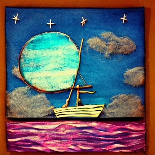 Prompt: a sailboat flying in the sky by night, mixed media, whimsical,