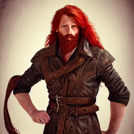 Prompt: portrait of a ruggedly handsome!!!!! male ship captain with long red hair!!!!!!, 30 years old, upper body, wavey hair, leather coat, friendly, playful, D&D, hairworks, Unreal 4, fantasy, elegant, highly detailed, digital painting, hairworks, deviantart, artstation, concept art, sharp focus, dramatic lighting, illustration, art by Artgerm and Greg Rutkowski and Alphonse Mucha