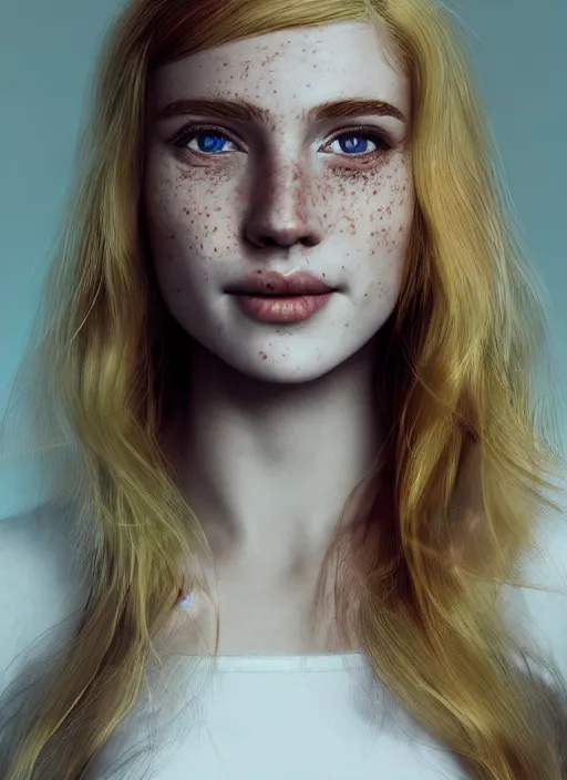 Image similar to Portrait of a Strawberry-Blonde Girl, Young Beautiful Face, Green Eyes, Freckles, Wearing a white crop-top and jeans, with a subtle smile, Detailed, 8K, Epic, Charming, Character, Octane Rendering, Hyper Realistic