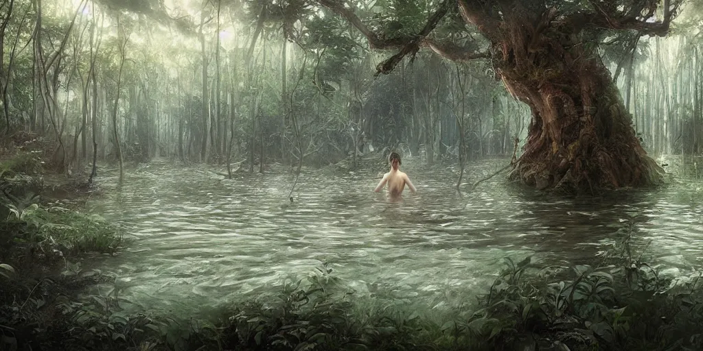 Prompt: forest nymph rising from the water. view from behind, back view. nuri iyem, james gurney, james jean, greg rutkowski, anato finnstark