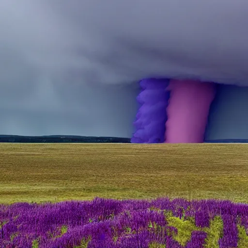 Prompt: a tornado colored purple in the distant landscape