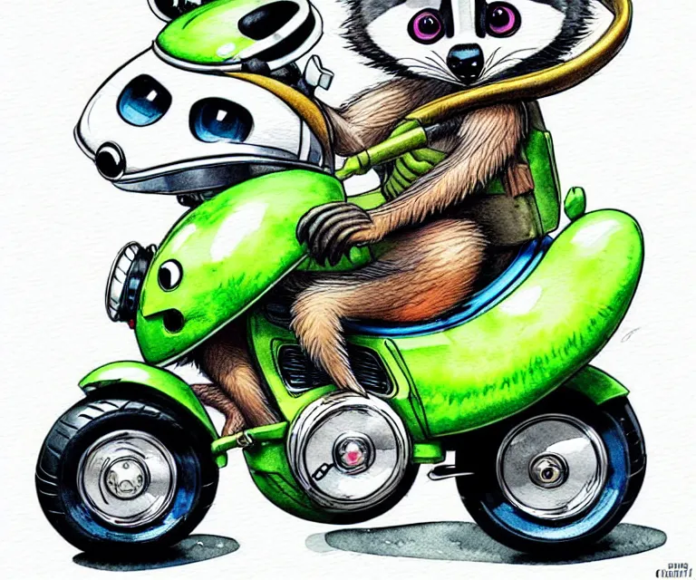 Image similar to cute and funny, racoon wearing a helmet riding on a tiny sport motorcycle with oversized engine, ratfink style by ed roth, centered award winning watercolor pen illustration, isometric illustration by chihiro iwasaki, edited by range murata