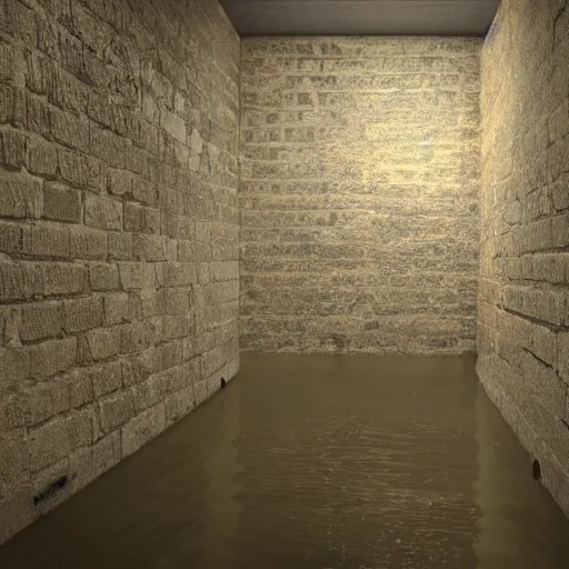Prompt: dark flooded empty basement, ambient light, hyper realistic, 3 d render, highly detailed, liminal, flooded
