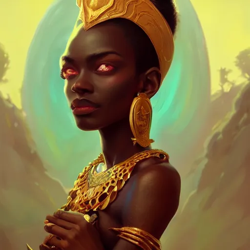 Image similar to portrait of mel medarda from arcane, dark skin, gold jewelry, african princess, art by pete mohrbacher and guweiz and ilya kuvshinov, digital art, highly detailed, intricate, sharp focus, trending on artstation hq, deviantart, unreal engine 5, 4 k uhd image