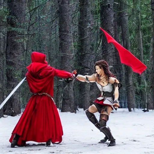 Image similar to red riding hood female warrior fending off a werewolf