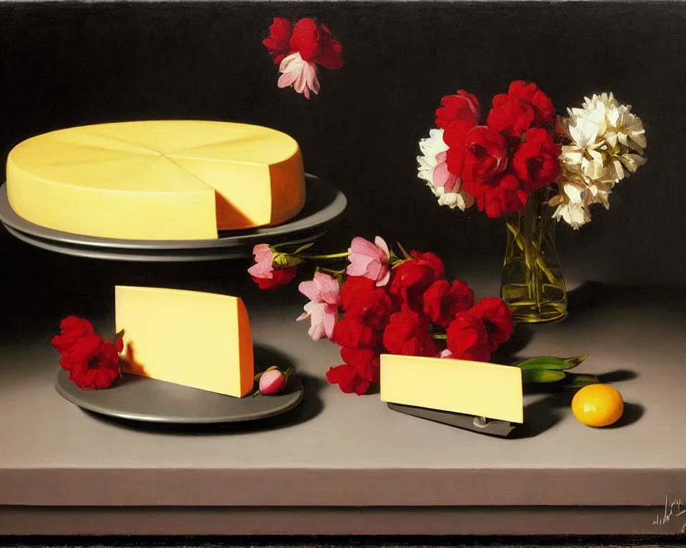 Image similar to an achingly beautiful still life featuring blooming flowers, wheels of cheese, and red wine by Raphael, Hopper, and Rene Magritte. detailed, romantic, studio lighting, enchanting, trending on artstation.