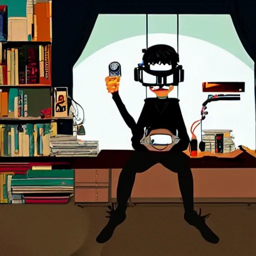 Prompt: goth computer nerd in a cluttered room wearing a vr headset, by jamie hewlett, character concept, aesthetic!!,