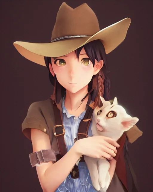 Image similar to a very cute cowgirl wearing a hat with cat ears, medium shot, ambient lighting, visible and detailed face, by makoto shinkai, stanley artgerm lau, wlop, rossdraws