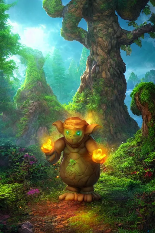 Image similar to arcane fantasy art giant golem elemental wood rock bastion forged gemstone enchanted forest troll, global illumination ray tracing hdr fanart arstation by sung choi and eric pfeiffer and gabriel garza and casper konefal lisa frank zbrush central hardmesh radiating a glowing aura