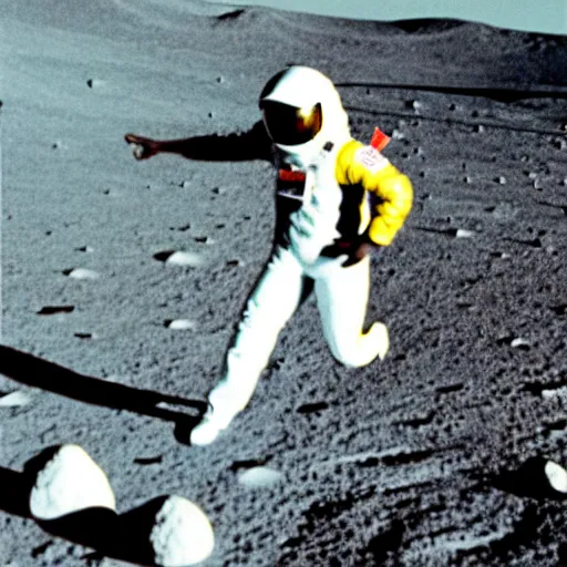 Image similar to usain bolt racing on the moon, lunar lander in background, kodachrome film