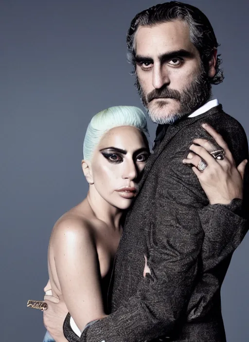 Image similar to lady gaga and joaquin phoenix styled by nick knight posing, full body shot, set pieces, intricate set, vogue magazine, canon, highly realistic. high resolution. highly detailed. dramatic. 8 k. 4 k.