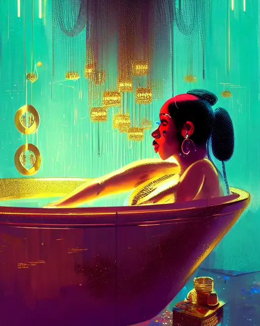 Prompt: Cardi B bathing in a gold tub, futuristic neon, decorated with traditional Japanese ornaments by Ismail inceoglu dragan bibin hans thoma greg rutkowski Alexandros Pyromallis Nekro Rene Maritte Illustrated, Perfect face, fine details, realistic shaded, fine-face, pretty face