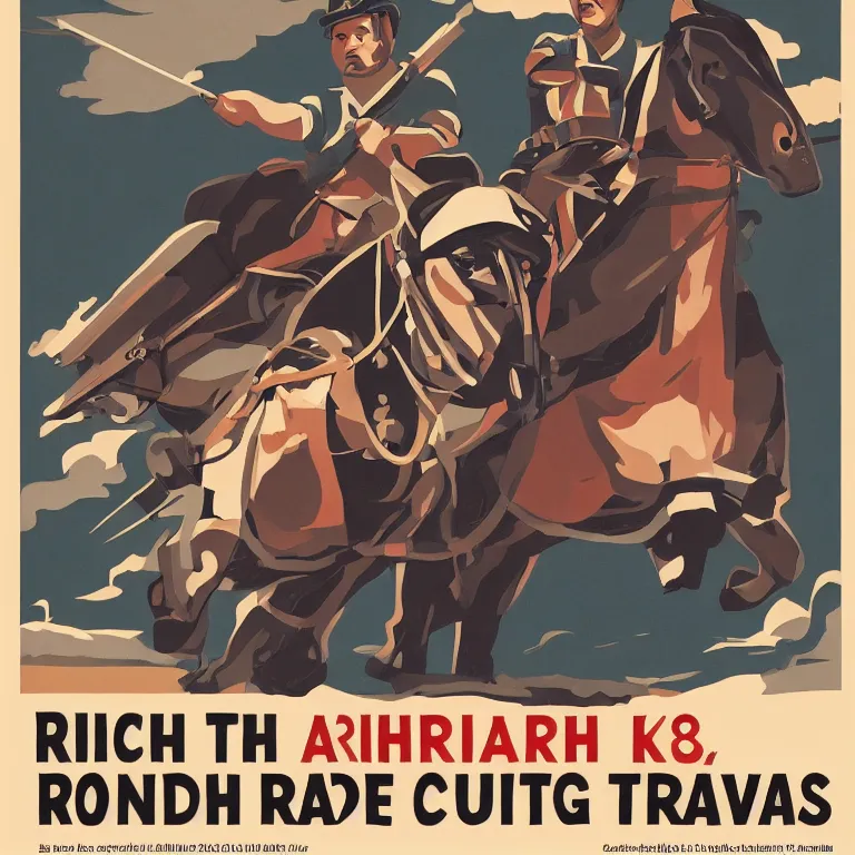 Image similar to propaganda poster rich evans holding a gun riding a chariot, 8 k, tredning on artstation