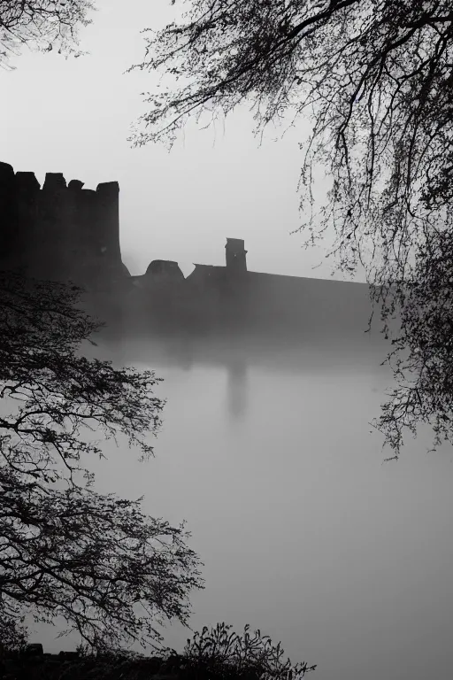 Prompt: brocken spectre, ghost of the lake, ruined castle