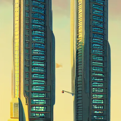 Image similar to tall futuristic buildings by Raphael Lacoste and Simon Stålenhag