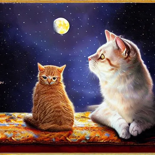 Image similar to cat praying to the moon goddess. hyper realistic, fantastic, moonlit, glow, atmospheric, detailed high resolution oil painting