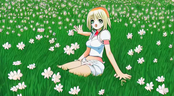 Prompt: Lucy Heartfilia sitting in a field of Clover | Big Moon at Night | GLOWING FLOWERS | strong blue rimlit | visual-key | anime illustration | highly detailed | in the style of Anmi