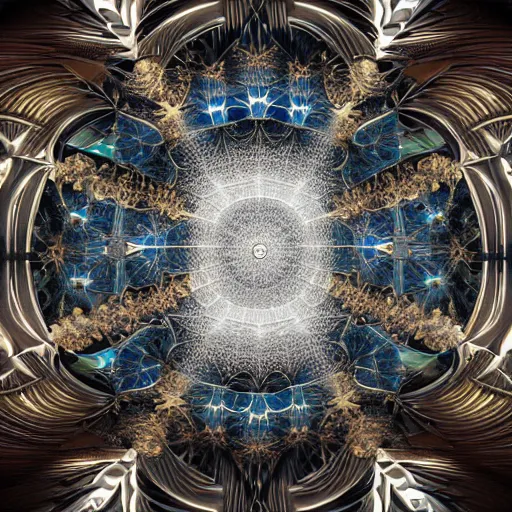 Prompt: hyperrealistic 3 d render of a massive fractal cathedral interior populated by mandelbrot fractals, unreal engine, carved ivory, gold inlay, octane render, white gold, volumetric lighting, stark, glowing, carved, opalescent, carved soap, sacred geometry, angelic, catholicpunk, photorealism, 8 k, wide angle, trending on artstation