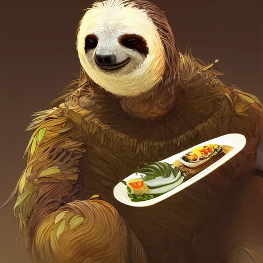 Image similar to detailed science - fiction character portrait of a sloth eating sushi, intricate, wild, highly detailed, digital painting, artstation, concept art, smooth, sharp focus, illustration, art by artgerm and greg rutkowski and alphonse mucha