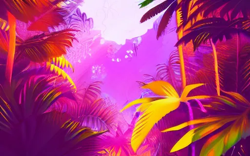 Image similar to a beautiful jungle, orange and purple color scheme, vivid color, vivid lighting, vaporwave, digital art, artstation, 4 k