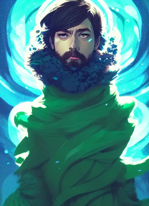 Image similar to style artgerm, joshua middleton, illustration, john krasinski as druid wearing green pelt light armor, anime eyes, blue hair, swirling water cosmos, fantasy, dnd, cinematic lighting