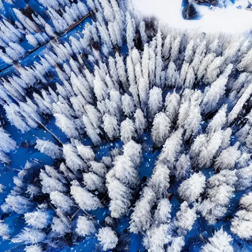 Prompt: sattelite image of snow from 150 meters height, some cutted trees and frozen trees covered with ice and snow, old lumber mill remains, beautiful winter area