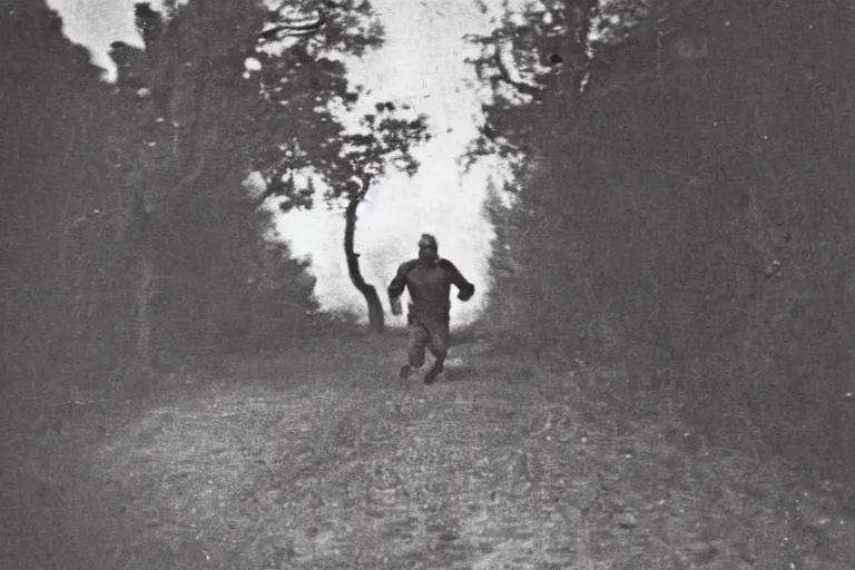 Image similar to old photo of a man running for his life after seeing a monster for the first time, funny