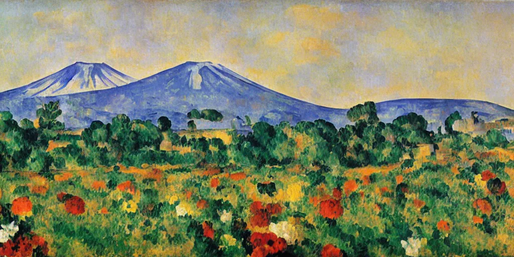 Image similar to Field of mixed flowers, Mount Fuji blurred in the background, good news on Sunday, Cézanne style,XIXth century painting with gold frame