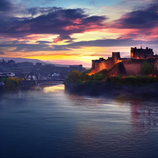 Prompt: fish shoal swimming above Edinburgh Castle, sunset, concept art in style of Greg Rutkowki, dynamic lighting, 4k, very highly detailed