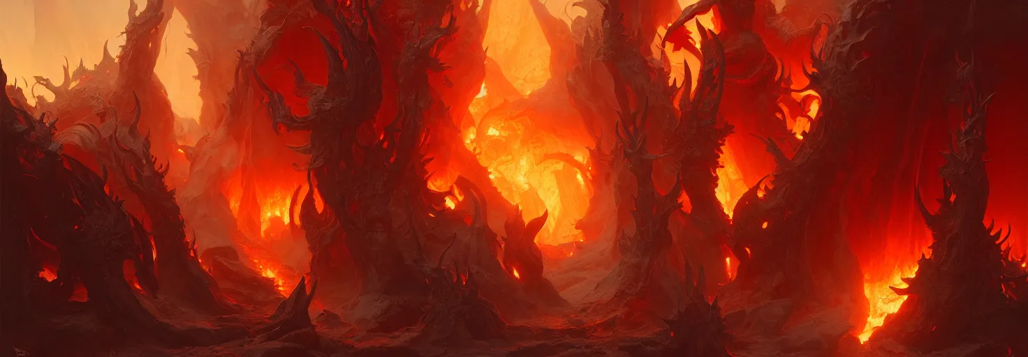 Image similar to Purgatory, fire in hell. The gateway to the infernal underworld. Devils demons, highly detailed, digital painting, artstation, concept art, smooth, sharp focus, illustration, art by artgerm and greg rutkowski and alphonse mucha