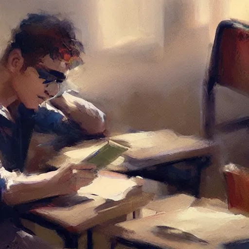 Prompt: A bored teenager in a classroom looking at his smartphone, artwork by Craig Mullins, trending on artstation