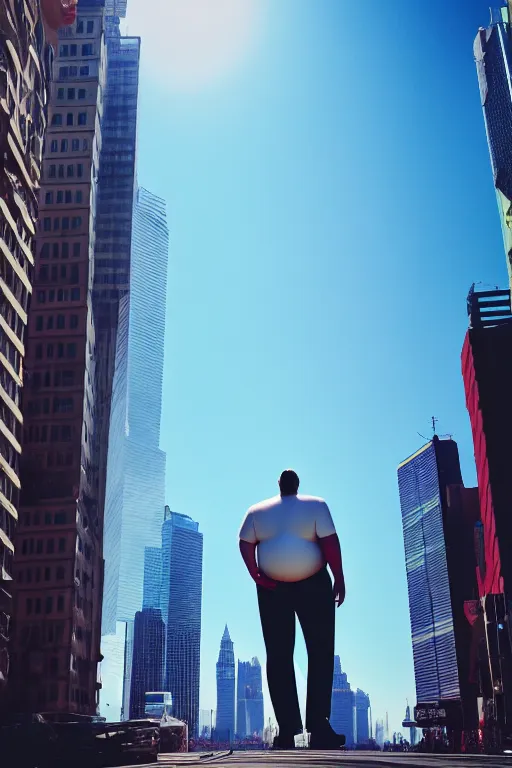 Prompt: fat man larger than skyscrapers wearing shorts walks around the city, color photography, lots of sunlight, low angle shot, photography, highly detailed, award winning photography, 4 k, highly detailed, trending on artstation