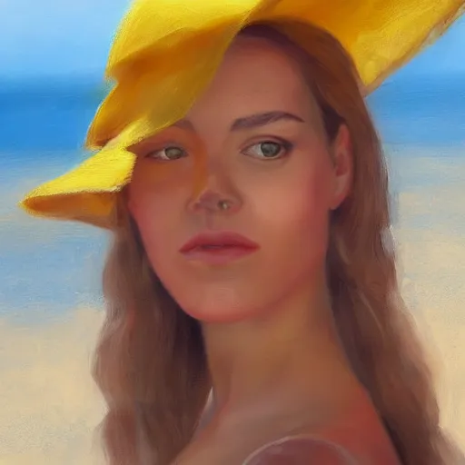 Image similar to beautiful oil matte portrait painting, young woman with red dress and mustard yellow summer hat at a beach on a sunny day, wonderful masterpiece highly detailed, beautiful cinematic light deep focus, elegant, digital painting, smooth, sharp focus, golden ratio, dramatic illumination, ultra realistic, 8 k, art by jimmy law