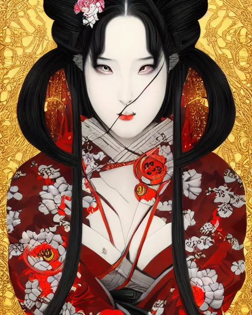 Image similar to portrait of a geisha, baroque style, elegant, beautiful, mesmerizing, concept art, highly detailed, artstation, behance, deviantart, inspired by innocent manga, inspired by castlevania concept art, trending, ayami kojima, shinichi sakamoto