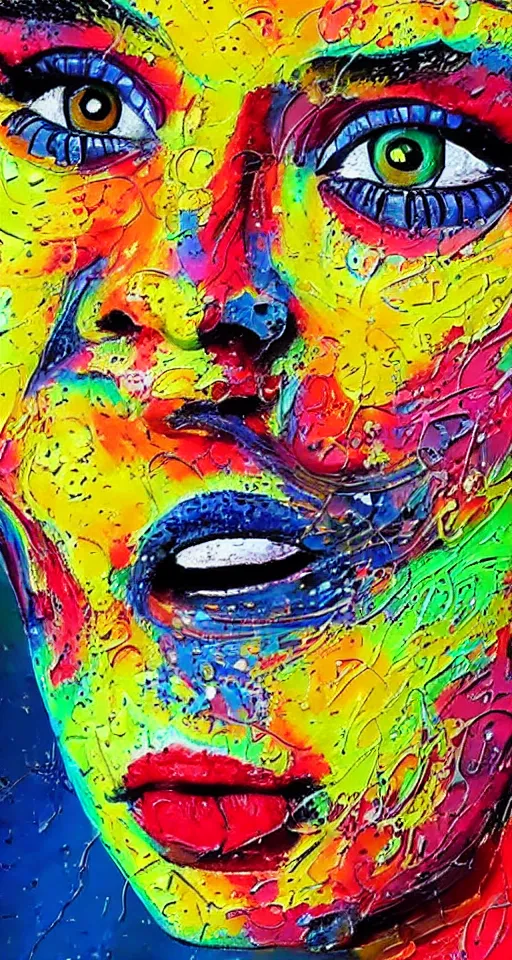 Image similar to intricate face with dots of paint melting in to a colorful painting made of gouache impasto