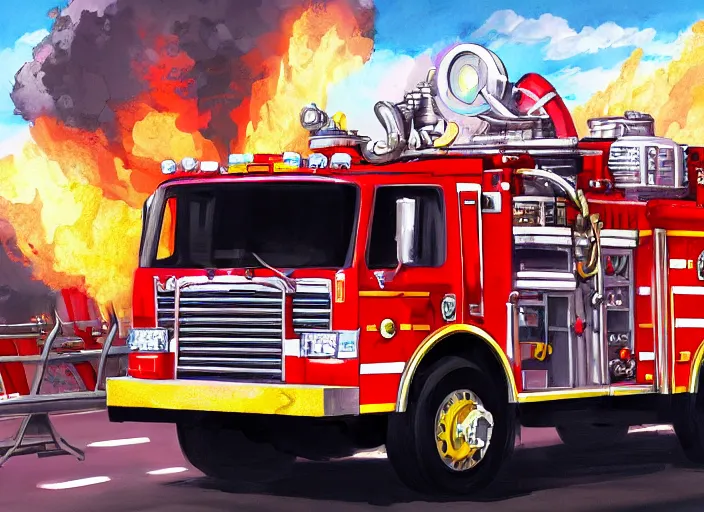 Image similar to firefighter driving a firetruck, anime fantasy illustration by tomoyuki yamasaki, kyoto studio, madhouse, ufotable, trending on artstation
