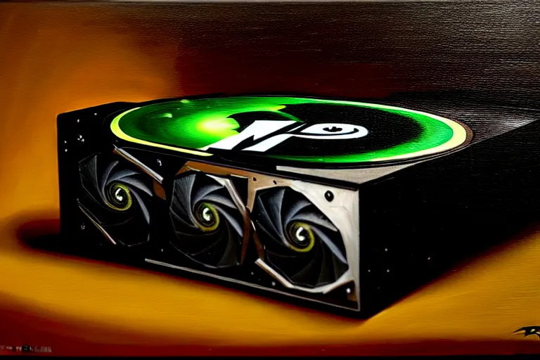 Image similar to a vanitas painting depicting an NVIDIA RTX A100 GPU, graphics card