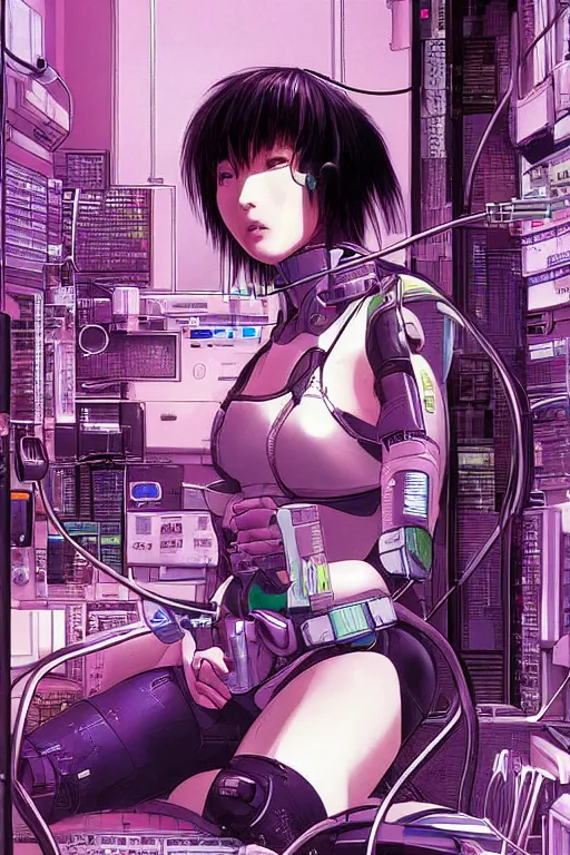 Image similar to hypedetailed cyberpunk illustration of motoko kusanagi seated in the lab, with wires and cables coming out of her head and back, by masamune shirow and katsuhiro otomo, colorful, detailed, back view