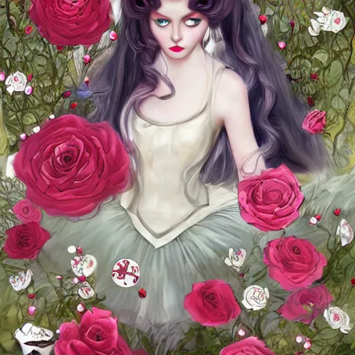 Image similar to Alice in Wonderland at the tea party, she looks like a mix of grimes, Aurora Aksnes and Zendaya, childlike, billowing elaborate hair and dress, strings of pearls, surrounded by red and white roses, digital illustration, inspired by a stylistic blend of Aeon Flux, Japanese shoujo manga, and John singer Sargent paintings, hyper detailed, dreamlike, incredibly ethereal, super photorealistic, iridescent, dichroic prism, speckled, marbling effect, tulle and lace, extremely fine inking lines