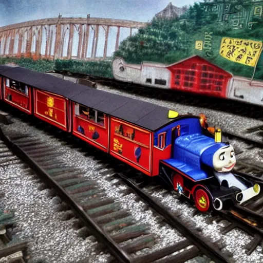 Image similar to hyper detailed photo realistic chinese thomas the tank engine going fast