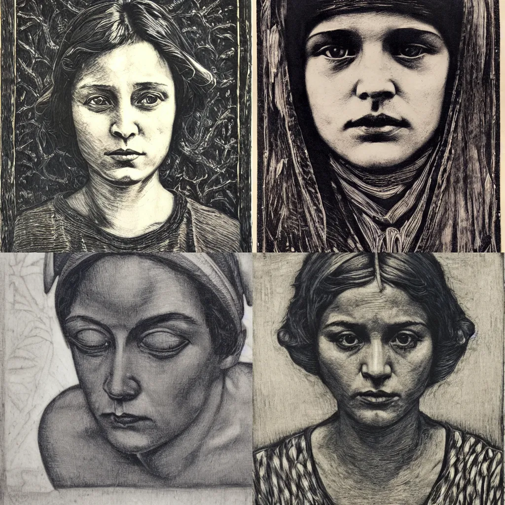 Prompt: portrait, ecuadorian realist, woodcut, art nouveau ( 1 9 2 2 ), pyrrol scarlet, titanium white, prussian blue, stathmore 2 0 0, 3 5 mm, f 1. 4, grisaille, luminous