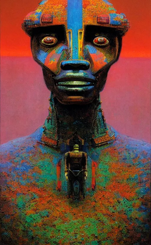 Image similar to portrait of mecha african tribal chief, symmetrical, dramatic lighting, colourful, art by zdzislaw beksinski,