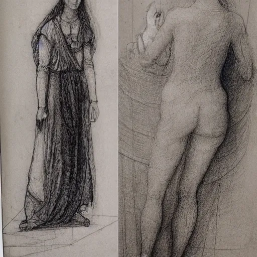 Image similar to of leonardo davinci drawing a beautiful girl full figure from today 2 0 2 2 wearing modern day clothes lots of loose sketches