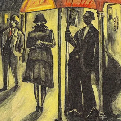 Image similar to a some people waiting in a lone bus stop in quiet dark city night, high quality, high resolution,detailed, by otto dix