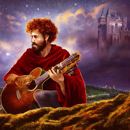 Prompt: a rugged man with curly red hair wearing a green cloak playing a guitar sitting on a roof top, medieval setting, entire city visible, zoomed out, night, atmospheric lighting, painted, intricate, volumetric lighting, beautiful, rich deep colours masterpiece, golden hour, digital art