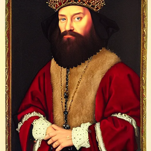 Prompt: Official royal portrait of a king, middle ages, full body, front facing, ominous, black beard, wearing royal crown, dark red embellished tunic, dark background, highly realistic, hans holbein, highly dramatic
