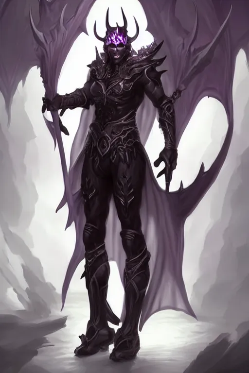 Image similar to human male demon, full body white purple cloak, hero, heavy scale armor, character concept art, costume design, black eyes, white horns, trending on artstation, Artgerm , WLOP