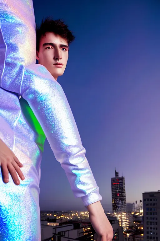 Prompt: un ultra high definition studio quality photographic art portrait of a young man standing on the rooftop of a british apartment building wearing soft loose inflatable padded iridescent pearlescent clothing. three point light. extremely detailed. golden ratio, ray tracing, volumetric light, shallow depth of field. set dressed.