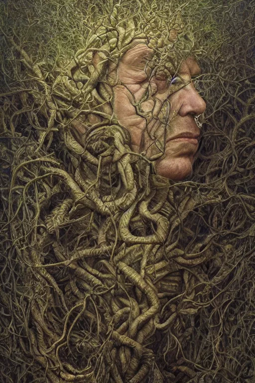 Image similar to intricate stunning highly detailed portrait of sir david attenborough, 🌱, by agostino arrivabene and vladimir kush, surreal, digital painting, ultra realistic, dramatic lighting, twisted vines, lush plants, pristine water, artstation