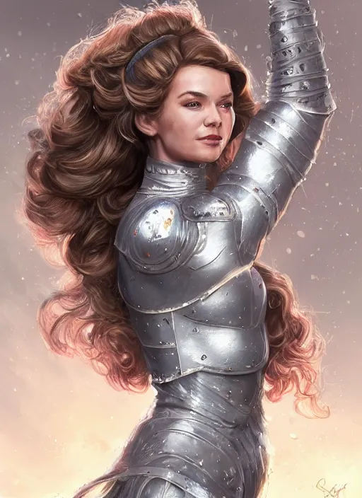 Image similar to beautiful female dorothy gale, rebecca romijn as dorothy, full body character concept, covered in full silver armor, armor plating, art nouveau, nordic, super powers, fantasy, intricate, elegant, highly detailed, digital painting, artstation, concept art, shining, sharp focus, illustration, art by stanley lau